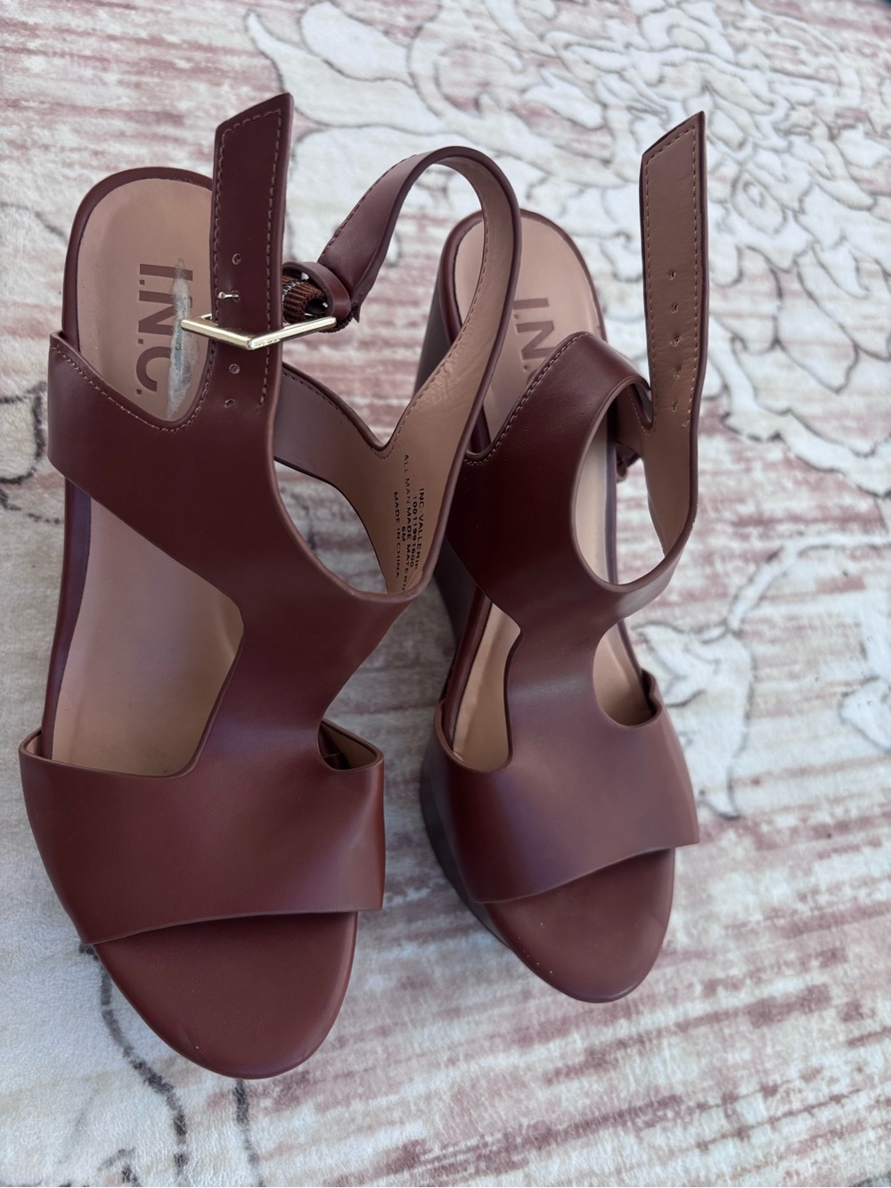 INC International Concepts Brown Leather Cutout Slingback Heels